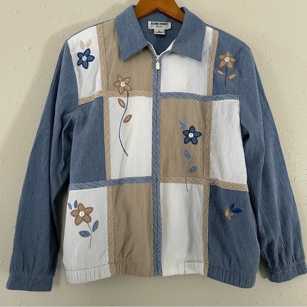 Alfred Dunner Blue Cream Checkered Floral Zip Up Jacket 8P Coastal Grandma